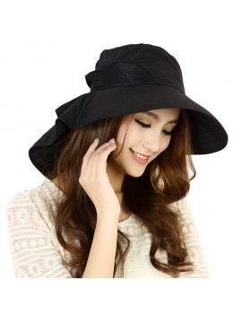 Fashion Women Sun Hat Foldable Wide Brim Self-tie Bow Summer Beach Floppy Cap Headwear Black